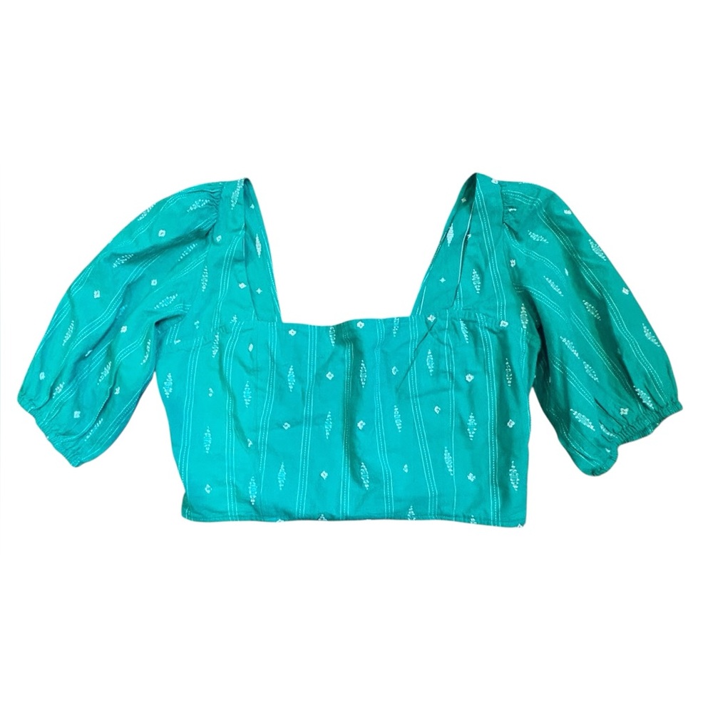 Hurley Puff Sleeve Crop Top Green Smocked Back Size XL